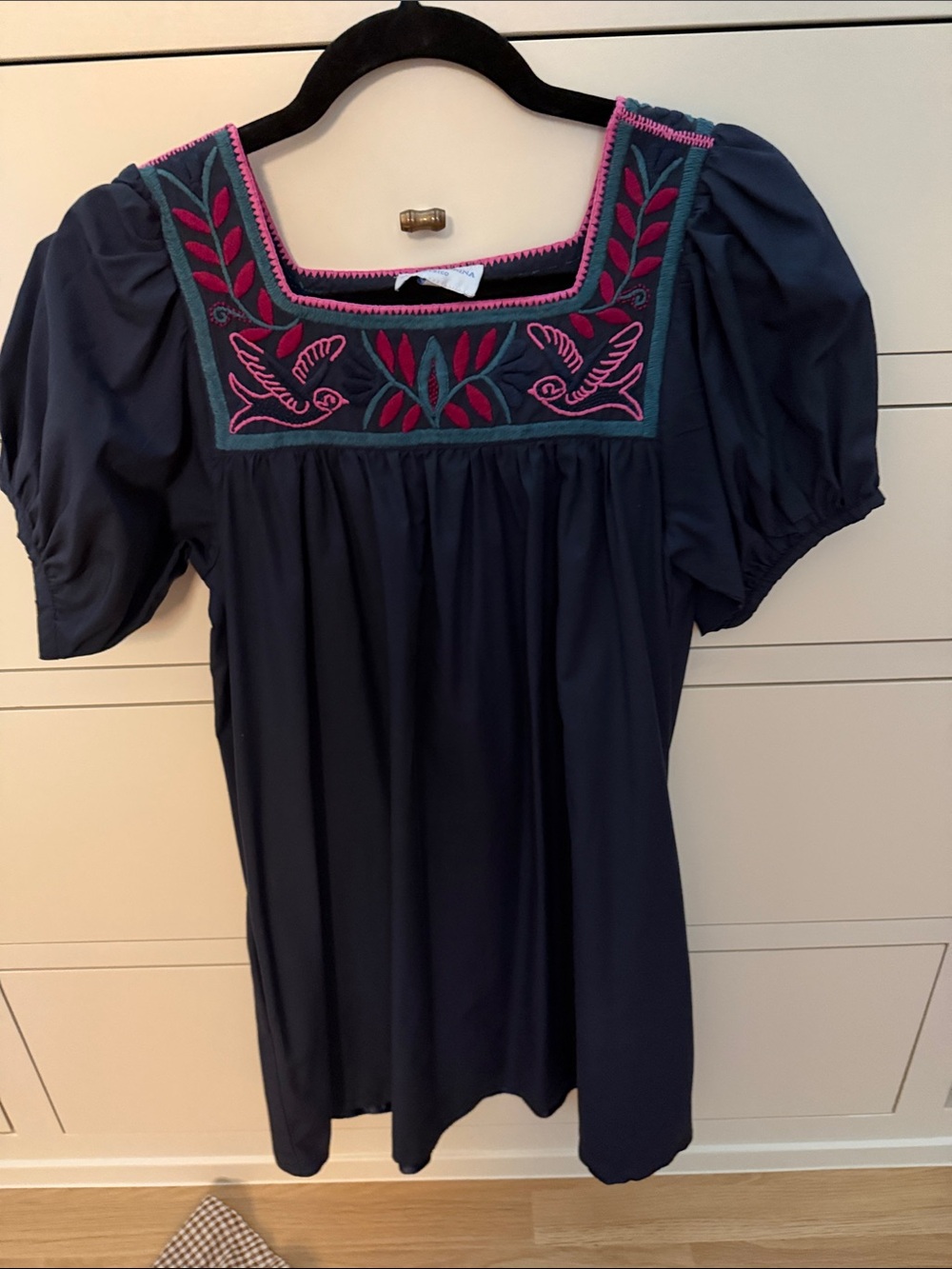 Mi Golondrina Navy Tunic with Pink & Teal Embroidery